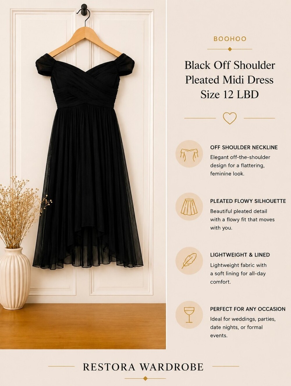 Boohoo Black Off Shoulder Pleated Midi Dress Size 12 NWT Wedding Guest